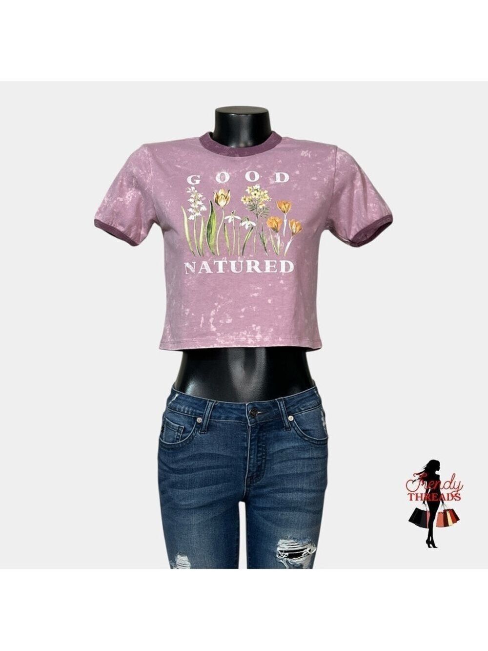 5/$25 ⭐️ Mighty Fine Good Natured Tee SMALL Purple Floral Cropped T-Shirt Bleach
